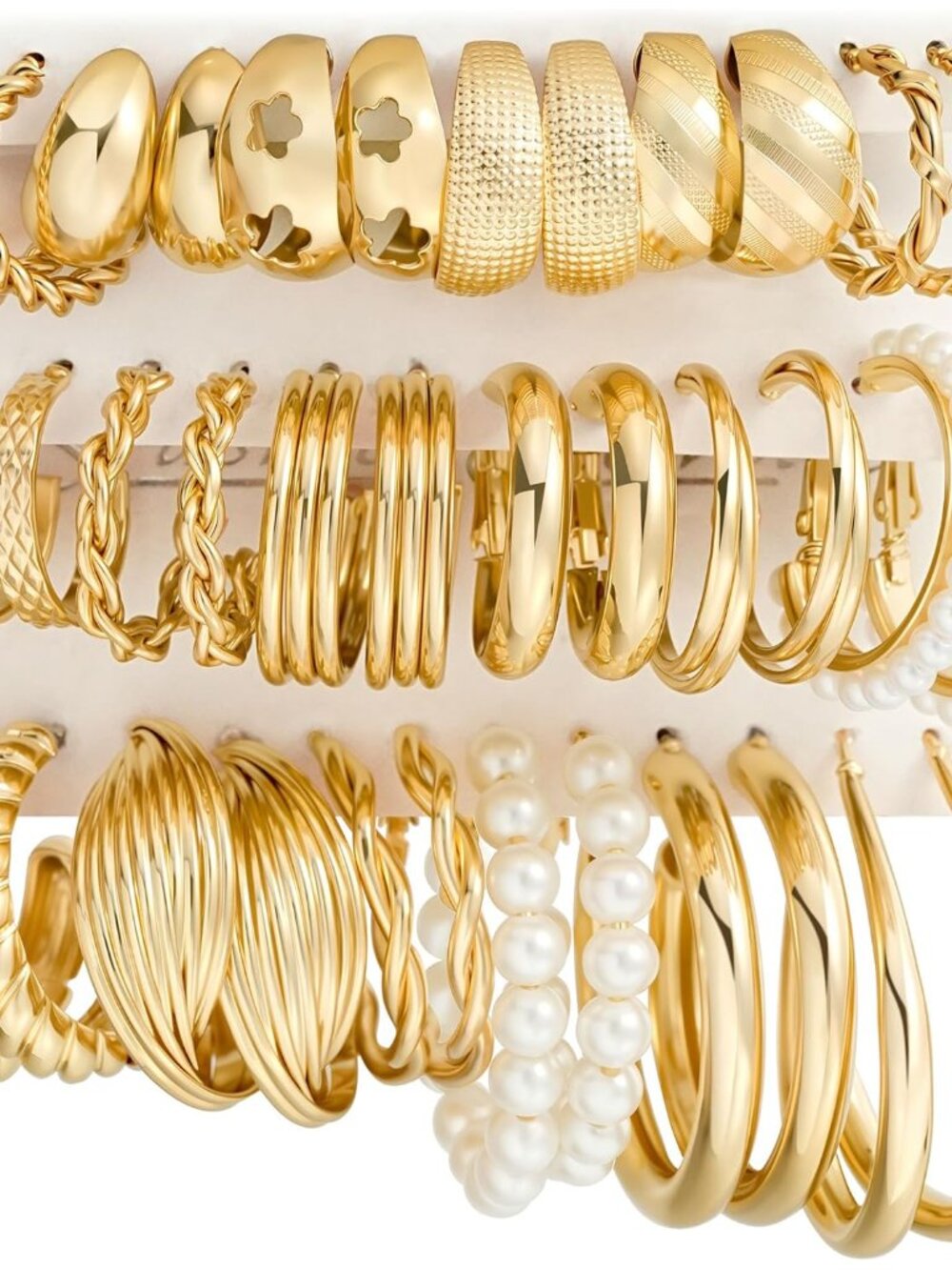 Gold Hoop Earrings Set for Women, 18 Pairs Hypoallergenic Statement Open Pearl H